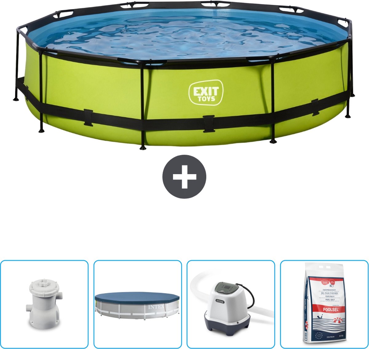 EXIT Rond Lime Frame Zwembad - 360 x 76 cm - Inclusief Pomp Afdekzeil - Zoutwatersysteem - Zwembadzout - Nu extra voordelig