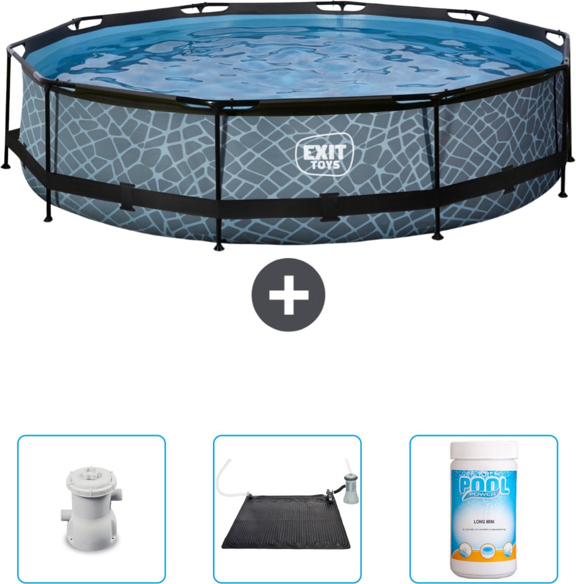 EXIT Rond Stone Frame Zwembad - 360 x 76 cm - Inclusief Pomp - Solar Mat - Chloor - Nu extra voordelig