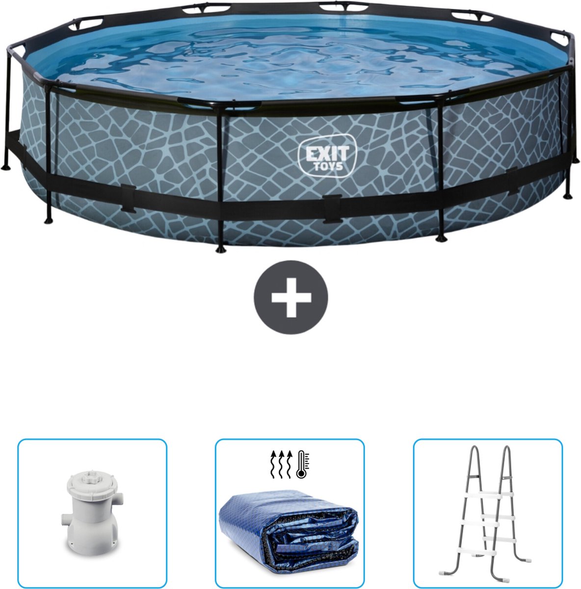 EXIT Rond Stone Frame Zwembad - 360 x 76 cm - Inclusief Pomp - Solarzeil - Ladder - Nu extra voordelig