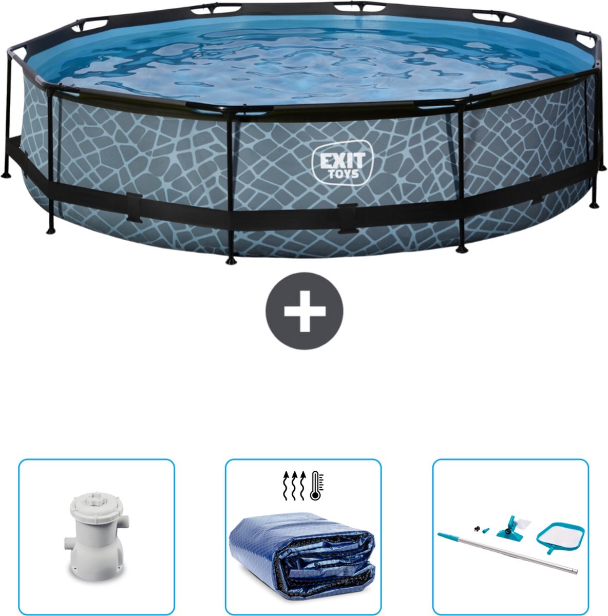 EXIT Rond Stone Frame Zwembad - 360 x 76 cm - Inclusief Pomp - Solarzeil - Schoonmaakset - Nu extra voordelig