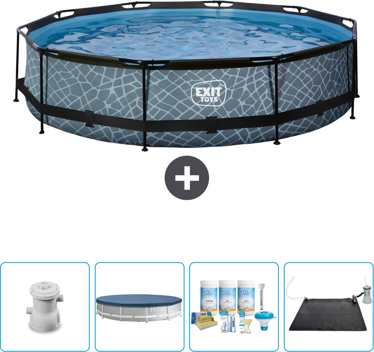 EXIT Rond Stone Frame Zwembad - 360 x 76 cm - Inclusief Pomp Afdekzeil - Onderhoudspakket - Solar Mat - Nu extra voordelig
