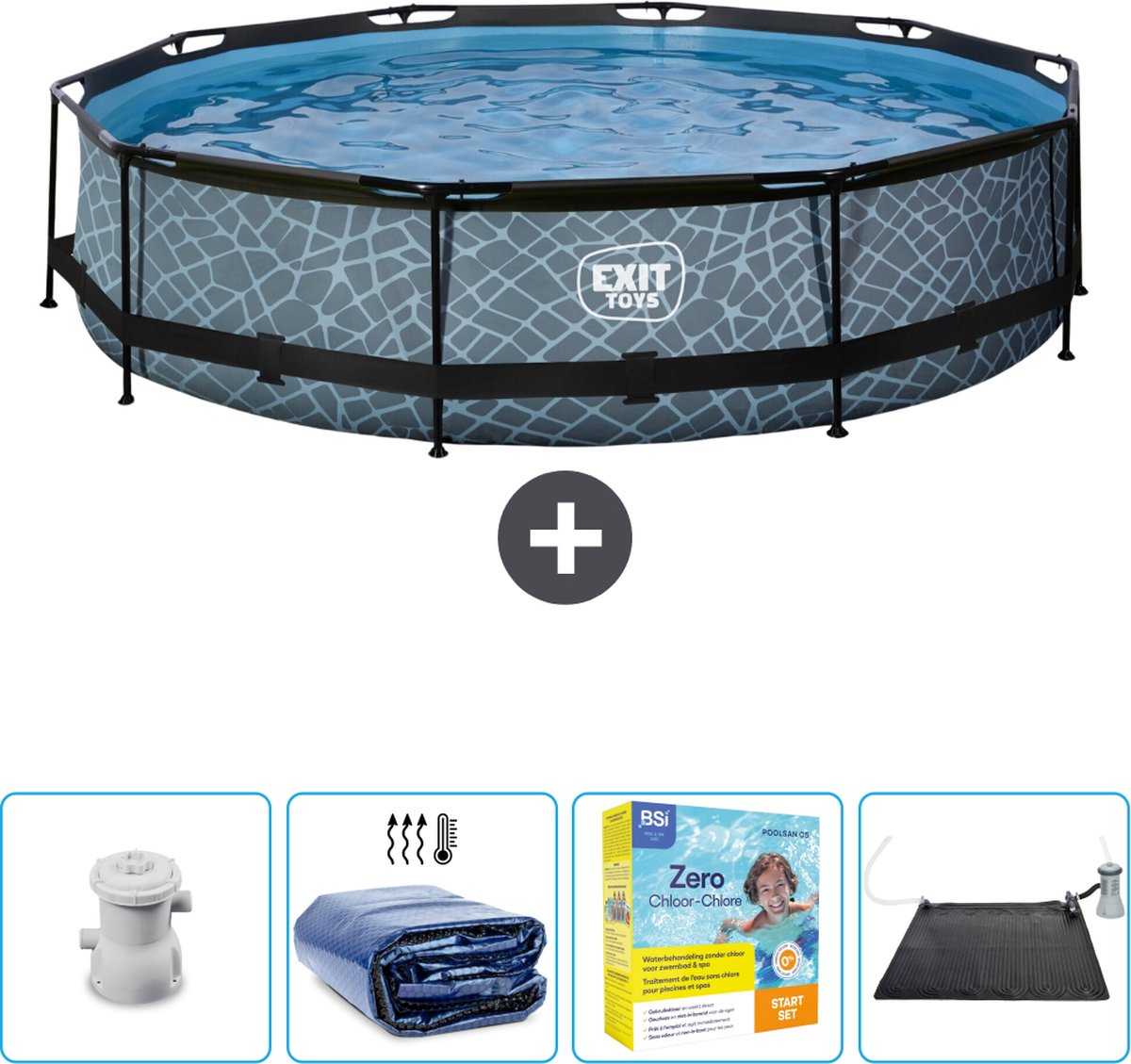 EXIT Rond Stone Frame Zwembad - 360 x 76 cm - Inclusief Pomp Solarzeil - Onderhoudspakket - Solar Mat - Nu extra voordelig