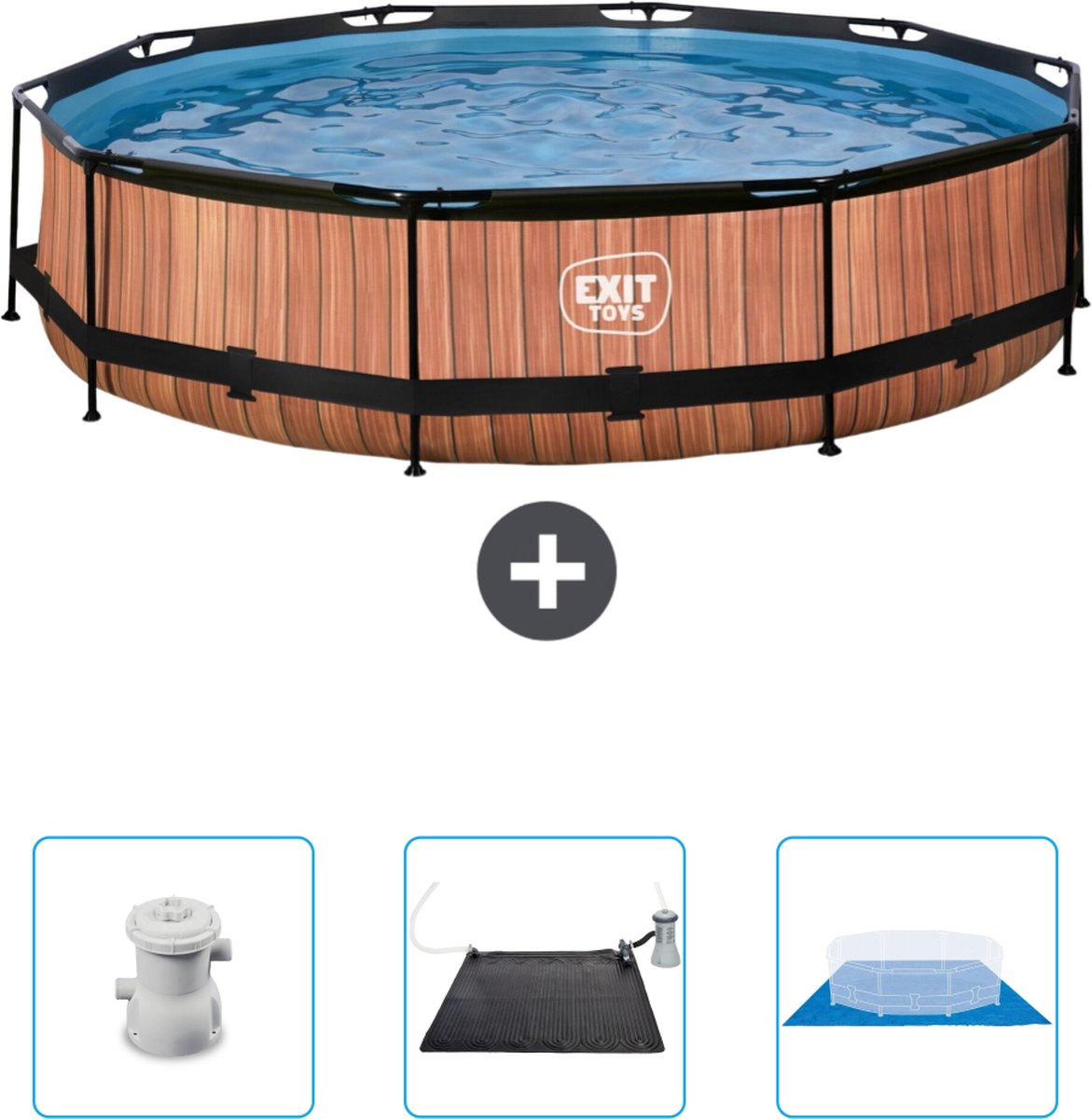 EXIT Rond Wood Frame Zwembad - 360 x 76 cm - Inclusief Pomp - Solar Mat - Grondzeil - Nu extra voordelig
