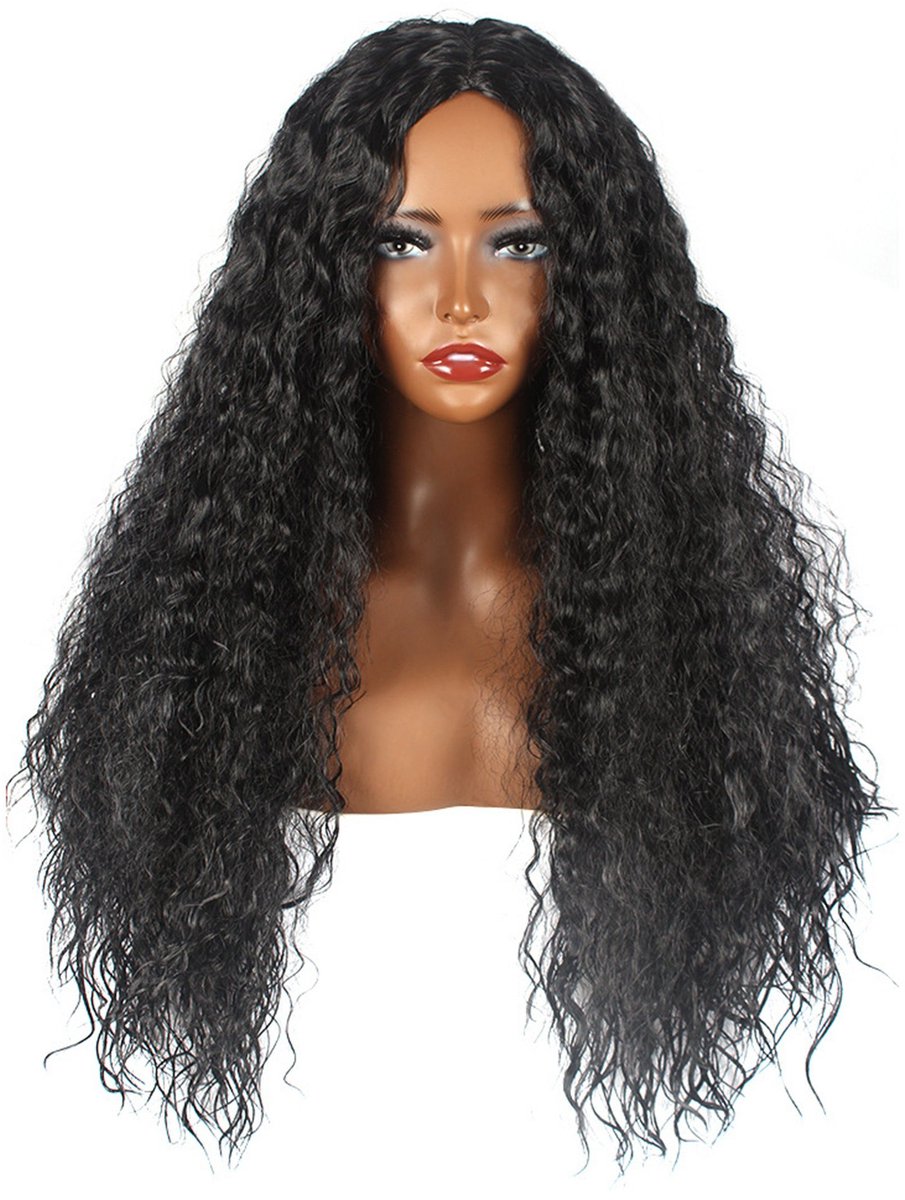 EYUSALL Dames Pruik - Krullend Afro Kapsel Lang Haar - Zwarte Kunsthaar Pruik met Natuurlijke Look - Comfortabele Cap met Adjusteerbare Band