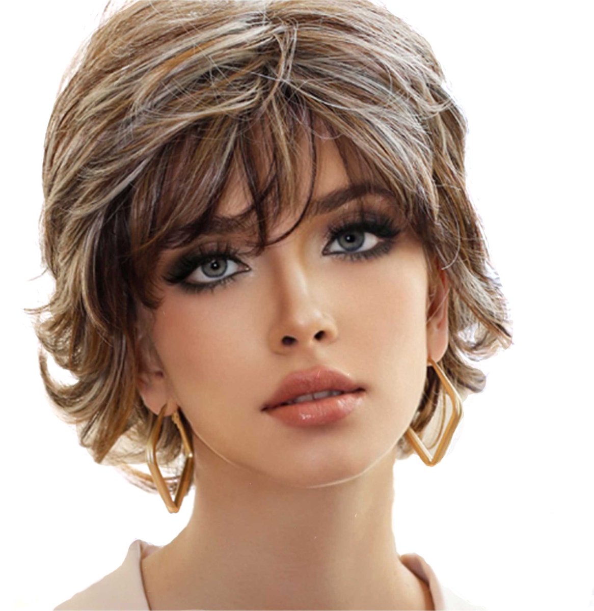 EYUSALL Korte Mode Pruik met Zijpony - Natuurlijk ogend & Ademend Netkapje,chocoladekleur