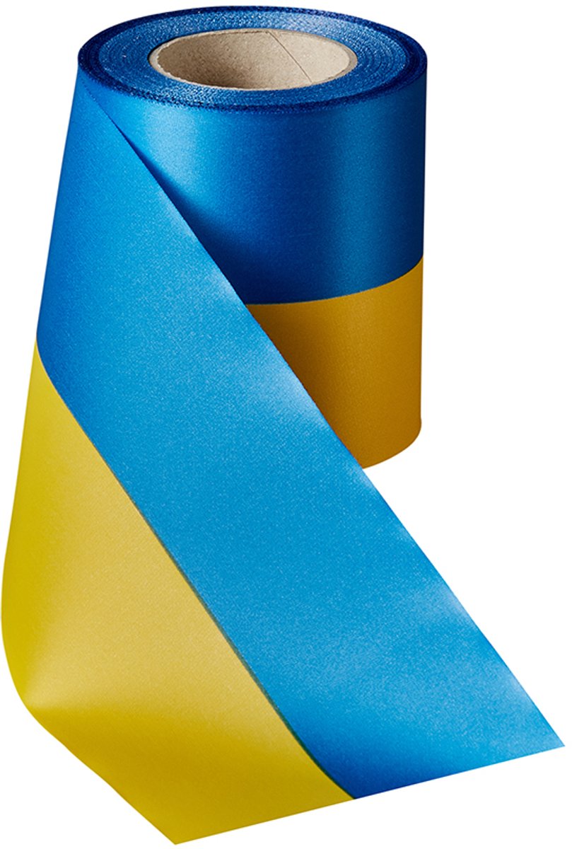 Rouwlint sierlint sjerp 75 MM blauw-geel bedrukbaar composteerbaar rol 25 meter