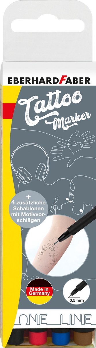 Tattoo stift EFA 4 st. Brush en kalligrafie zwart. 2x brush 1-6mm, 2x kalligrafie 1-3mm  - Carnaval