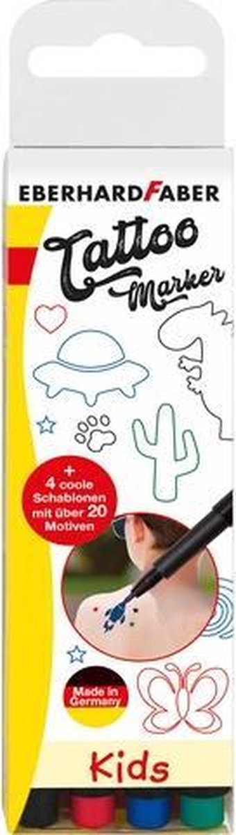 Tattoo stift EFA Kids 4st. en 4in1 sjablonen. (zwart, blauw, groen en rood)  - Carnaval