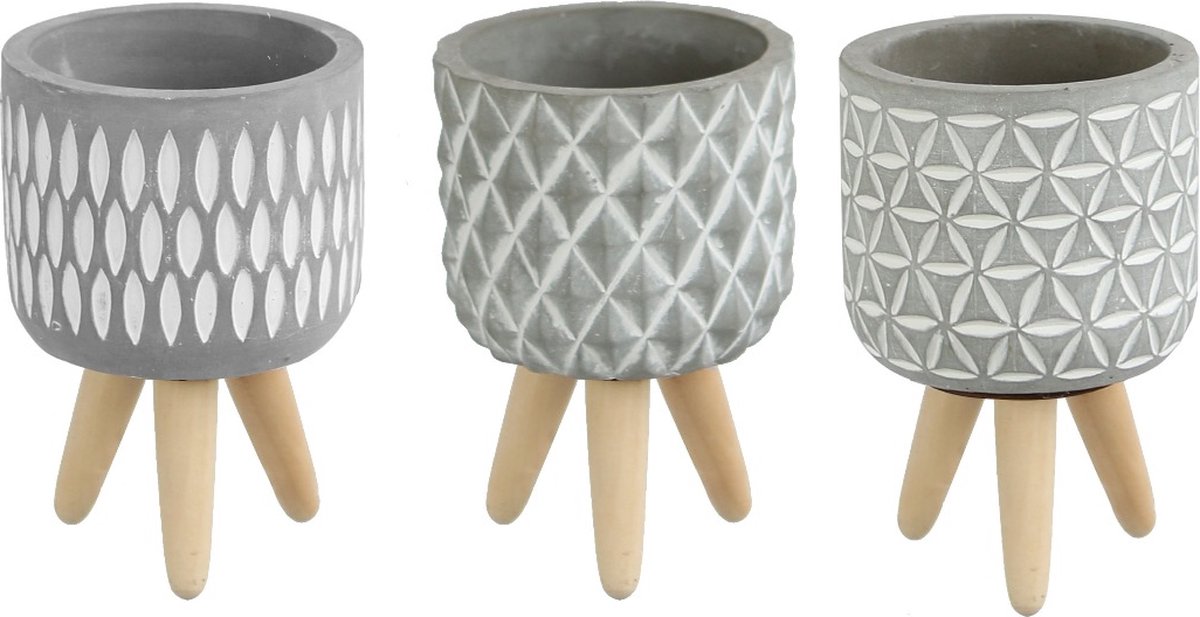 Plantenpot Cement met houten poten 15.5cm hoog - 6 st
