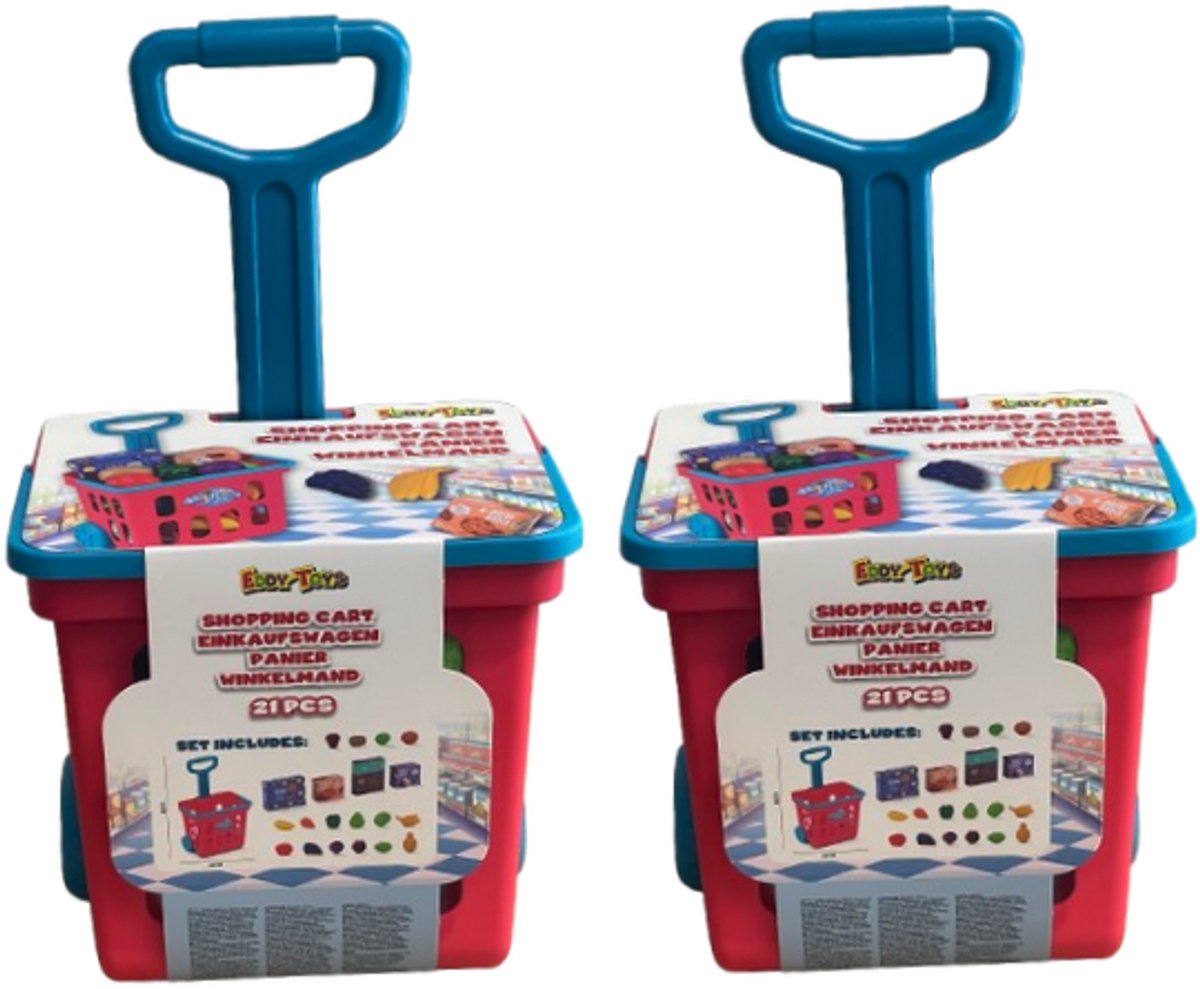 EDDY TOYS - 2 stuks - Winkelmandje speelgoed - Boodschappen trolley - 20 Delige - winkelkarretje - Speelgoed - Winkelkar - Winkel