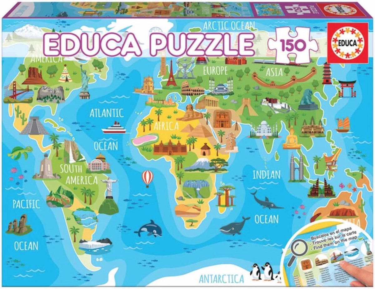 Legpuzzel - 150 stukjes - Wereldkaart met Dieren - Educa Puzzel