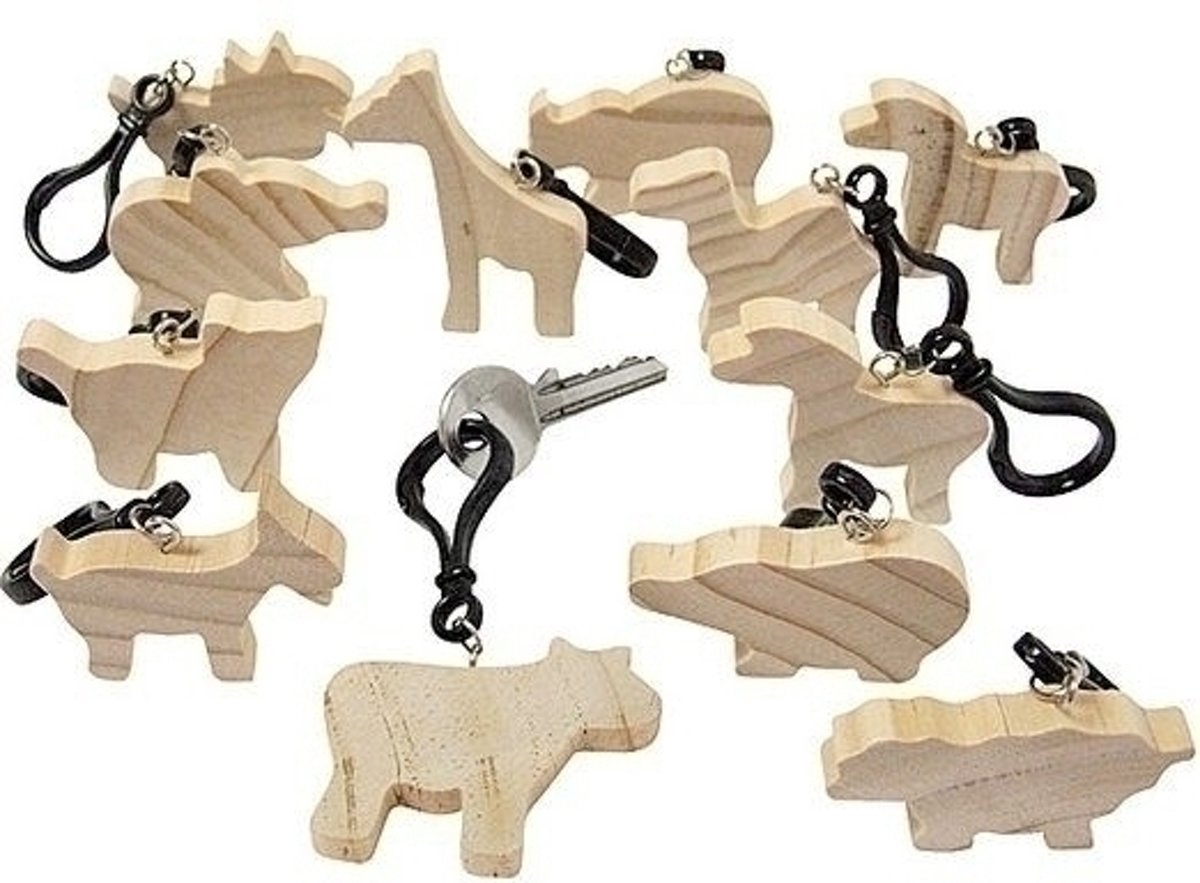 Houten sleutelhangers met dierfiguren, 12 stuks