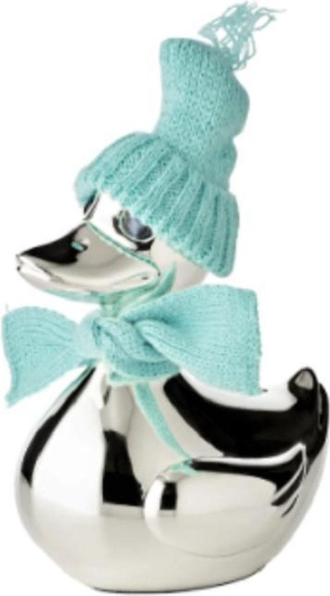   Eend verzilverd, met roze en licht-blauwe muts & sjaal, dan kunt u zelf een keuze maken - Merk :   - Aanslagbestendig - Hoogte 13 cm - Leuk om cadeau te geven bij een babyshower, kraam cadeau, verjaardag, etc.