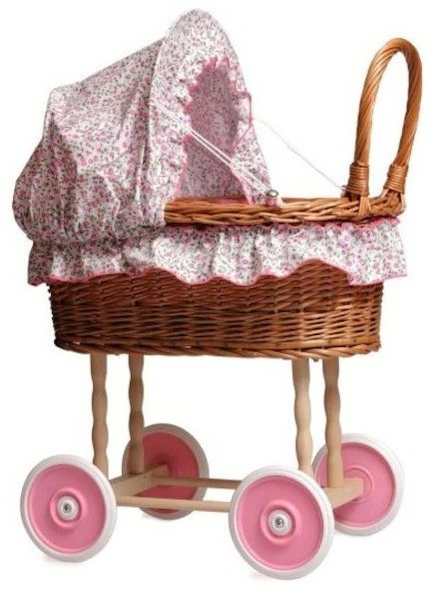   Toys Rieten poppenwagen met bloemenbekleding