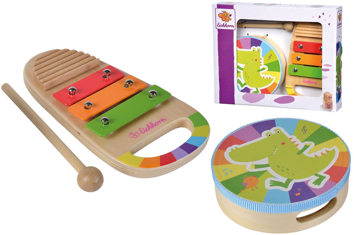 Eichhorn houten muziekset trommel en xylofoon - kleurrijk muziekspeelgoed.