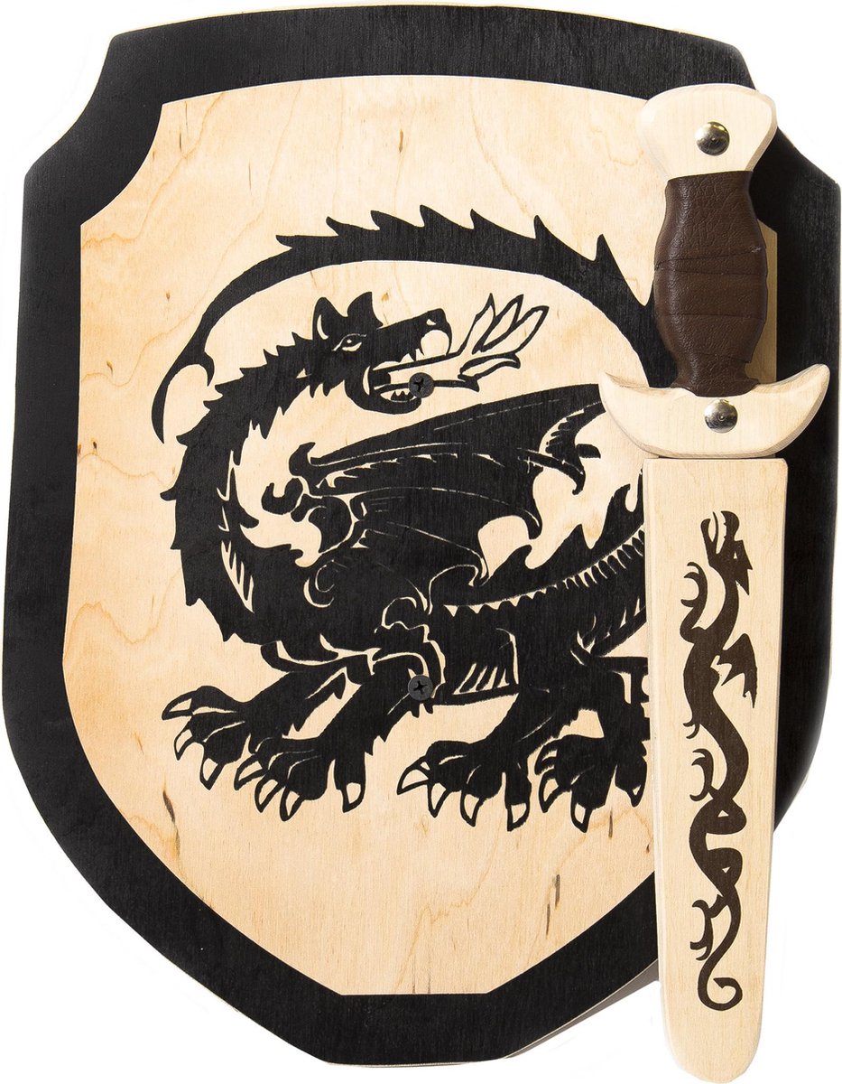 Houten Dolk met schede en ridderschild met zwarte draak
