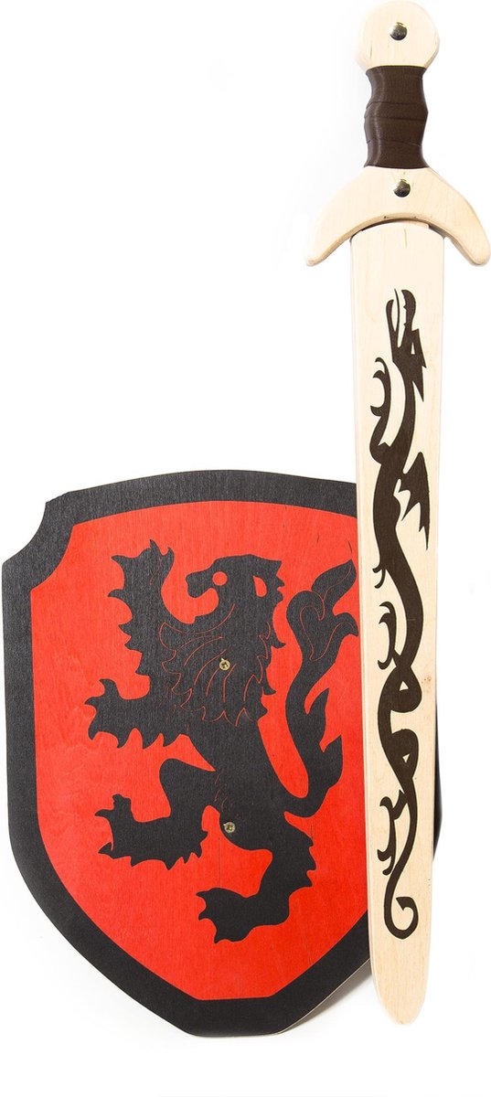 houten zwaard met schede en ridderschild rood zwarte leeuw