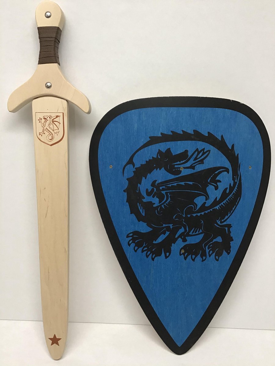 zwaard met schede draak en ridderschild blauw met draak