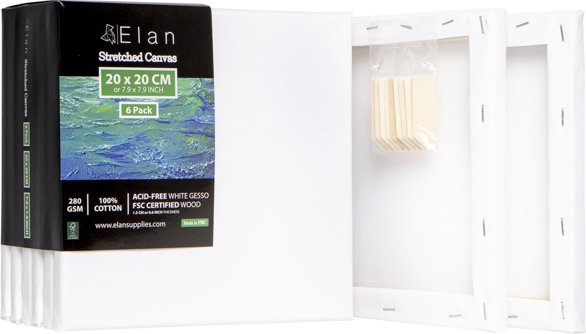 Elan Schildersdoeken 20x20 CM, 6 Stuks Canvasdoeken 20x20 CM, 100% Katoenen Canvas voor Schilderen, Stretched Canvas, Painting Canvas 20x20 CM, Pre Primed Canvas, Schilderdoek 20x20 CM