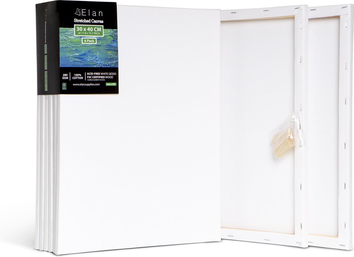 Elan Schildersdoeken 30x40 CM, 6 Stuks Canvasdoeken 30x40 CM, 100% Katoenen Canvas voor Schilderen, Stretched Canvas, Painting Canvas 30x40 CM, Pre Primed Canvas, Schilderdoek 30x40 CM