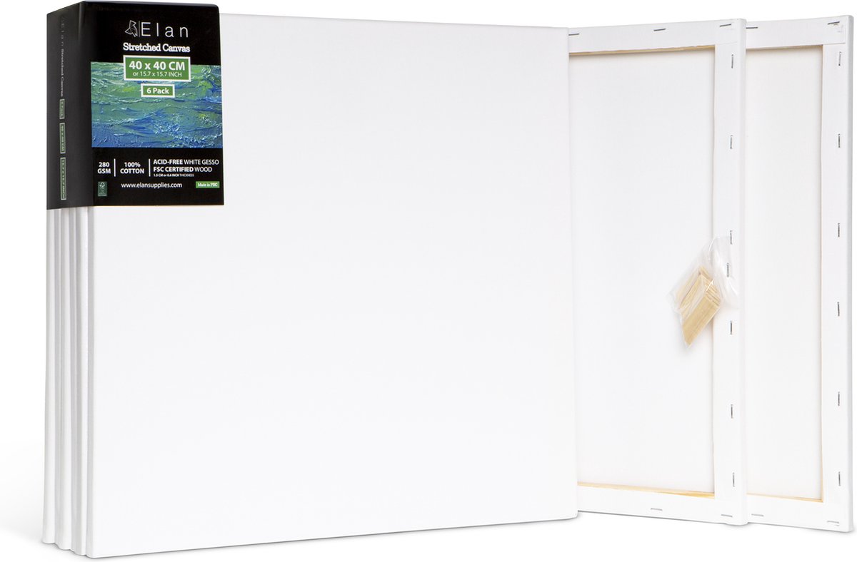 Elan Schildersdoeken 40x40 CM, 6 Stuks Canvasdoeken 40x40 CM, 100% Katoenen Canvas voor Schilderen, Stretched Canvas, Painting Canvas 40x40 CM, Pre Primed Canvas, Schilderdoek 40x40 CM