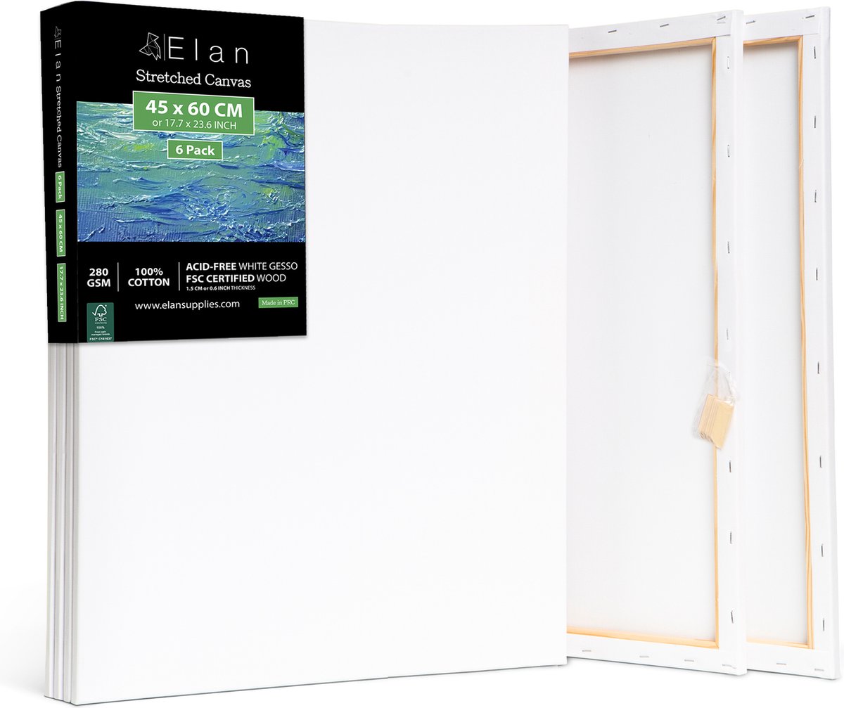 Elan Schildersdoeken 45x60 CM, 6 Stuks Canvasdoeken 45x60 CM, 100% Katoenen Canvas voor Schilderen, Stretched Canvas, Painting Canvas 45x60 CM, Pre Primed Canvas, Schilderdoek 45x60 CM