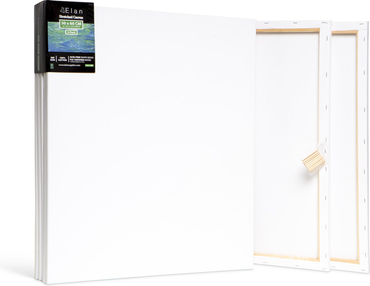 Elan Schildersdoeken 50x60 CM, 6 Stuks Canvasdoeken 50x60 CM, 100% Katoenen Canvas voor Schilderen, Stretched Canvas, Painting Canvas 50x60 CM, Pre Primed Canvas, Schilderdoek 50x60 CM