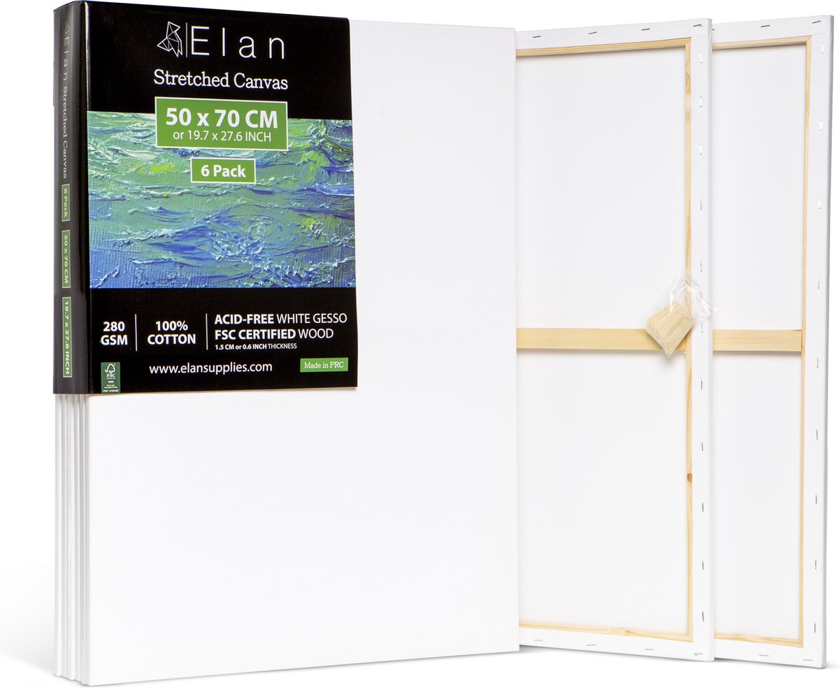 Elan Schildersdoeken 50x70 CM, 6 Stuks Canvasdoeken 50x70 CM, 100% Katoenen Canvas voor Schilderen, Stretched Canvas, Painting Canvas 50x70 CM, Pre Primed Canvas, Schilderdoek 50x70 CM