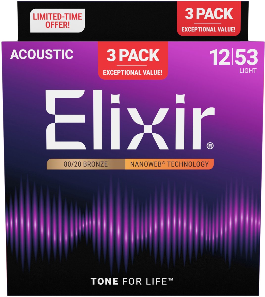 Elixir 16565 Nanoweb Acoustic Bronze 12-53 - 3 Pack - Akoestische gitaarsnaren