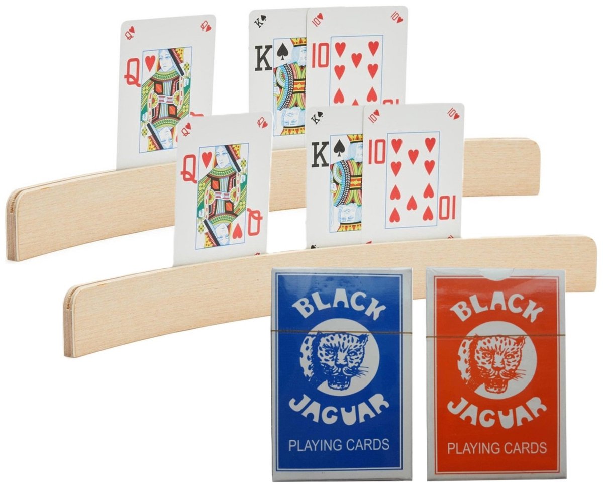 Engelhart Speelkaarten houders - 2x stuks - van hout - 35 cm - met een setje speelkaarten - kaartspellen