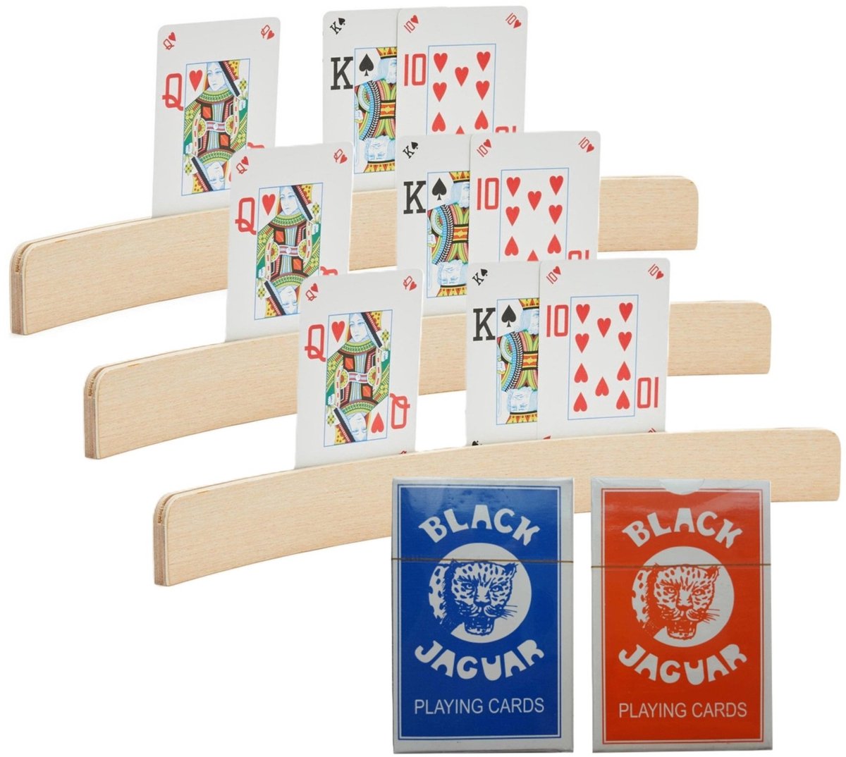   Speelkaarten houders - 3x stuks - van hout - 35 cm - met een setje speelkaarten - kaartspellen