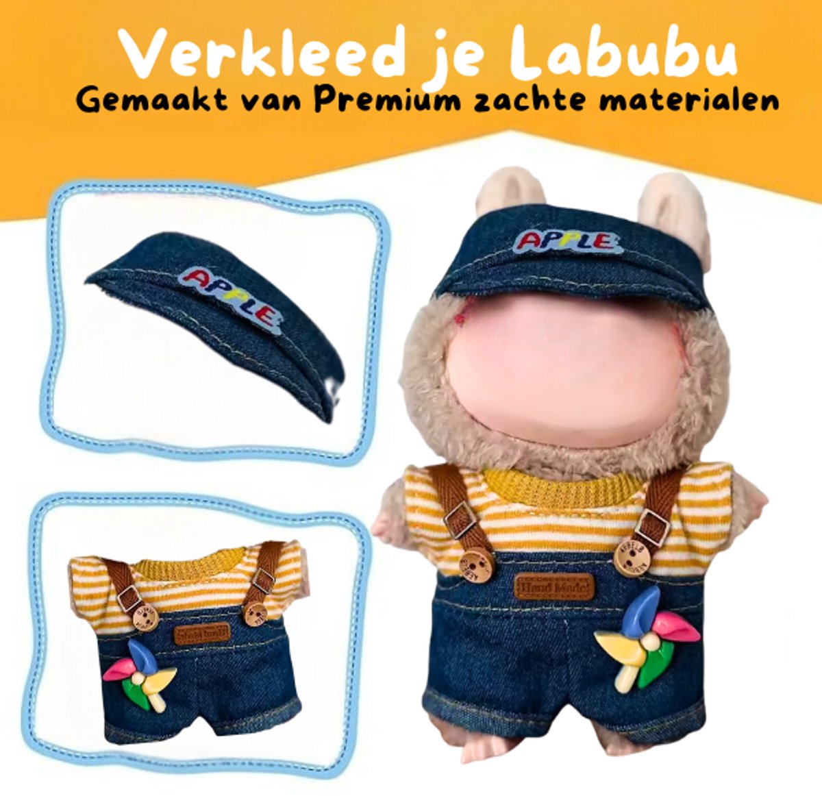 Denim Broekje Kleding met Bretels – Bruin Sweatertje en Hoedje met Apple Opdruk – Casual Cute Outfit Accessoire Geschikt voor Labubu (Pop Niet Inbegrepen)