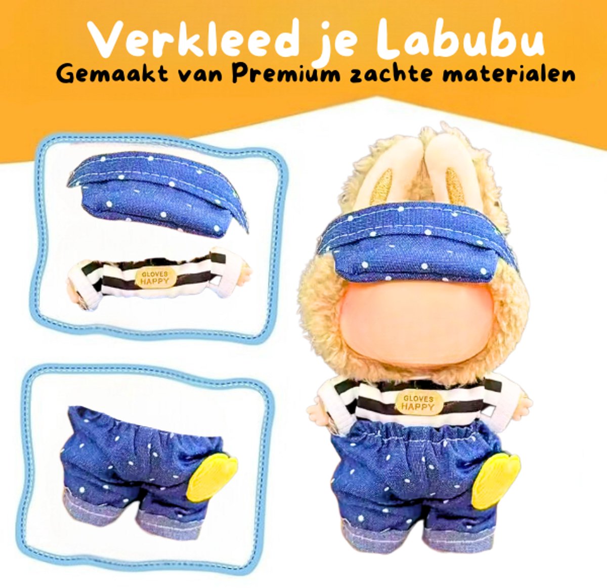 Denim Petje en Broekje Kleding – Met Witte Spikkeltjes en Zacht Wit-Bruin Truitje – Casual Cute Outfit Accessoire Geschikt voor Labubu (Pop Niet Inbegrepen)