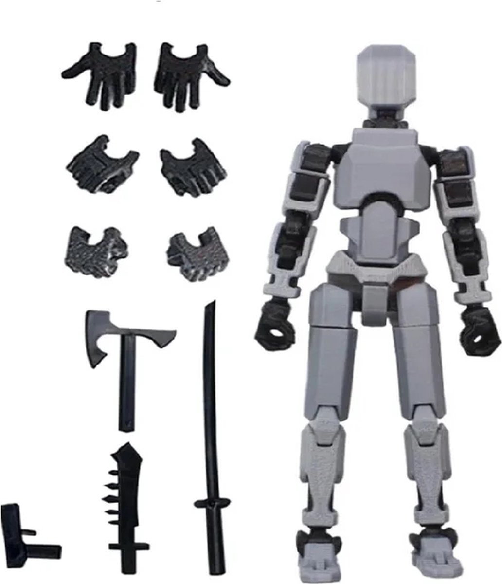 Enluxe Grijze T13 Stick Action Figure – Flexibele Beweegbare Pop, Verwisselbare Handen en Speelgoedwapens, Creëer je Eigen Gevechtsscene, Perfect voor Kinderen en Verzamelaars