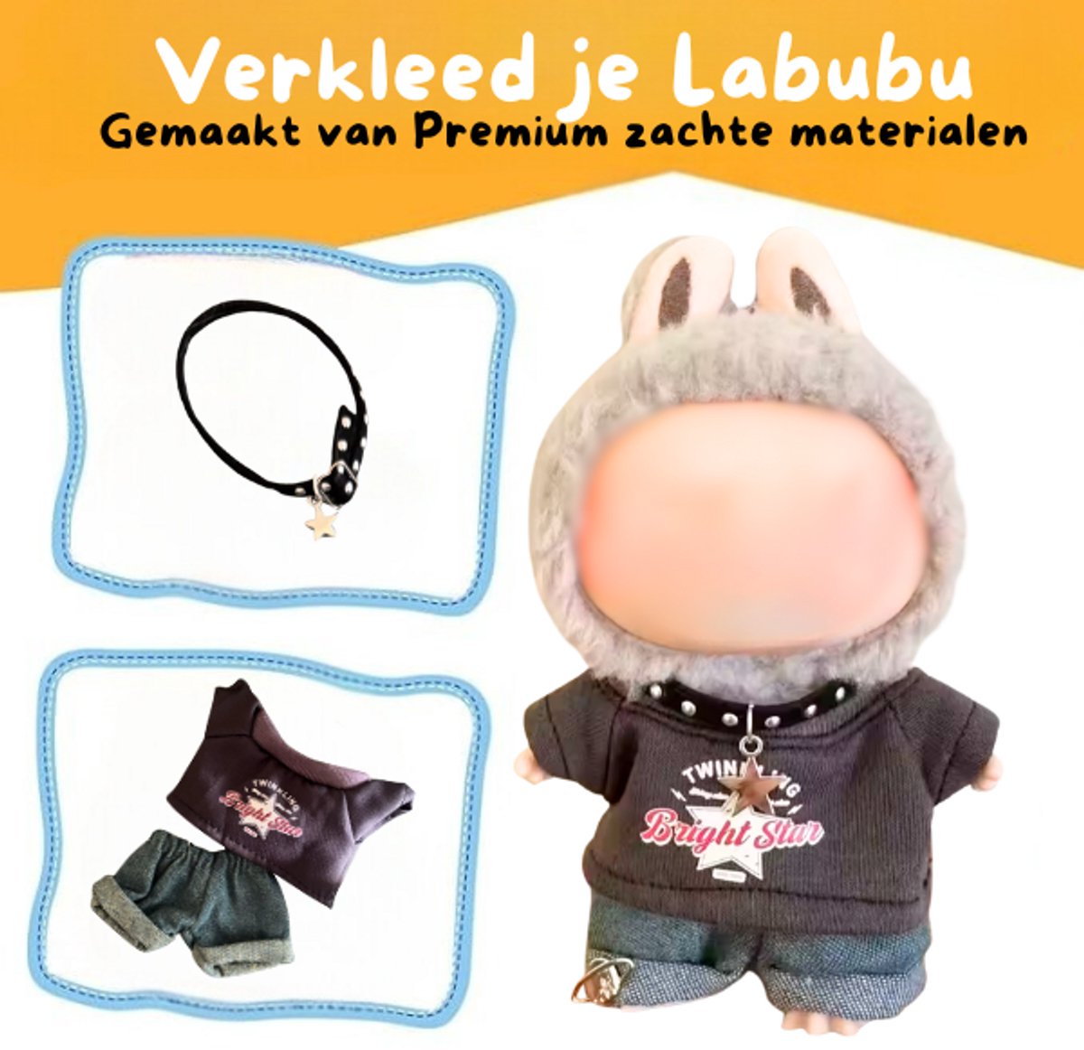 Gothic Bruine Kleding – Met Spike Ketting en Denim Baggy Broek – Stoere Cute Outfit Accessoire Geschikt voor Labubu (Pop Niet Inbegrepen)