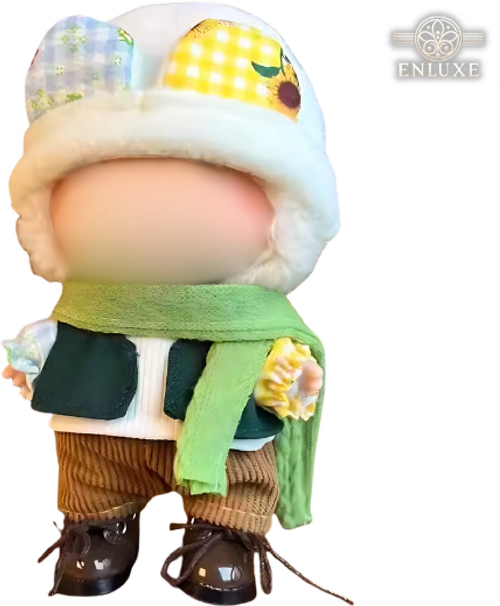 Schoentjes Kleding Set – Bruin Broekje, Groene Sjaal, Wit Mutsje, Blauw Vestje en Wit Shirtje – Casual Cute Outfit Accessoire Geschikt voor Labubu (Pop Niet Inbegrepen)