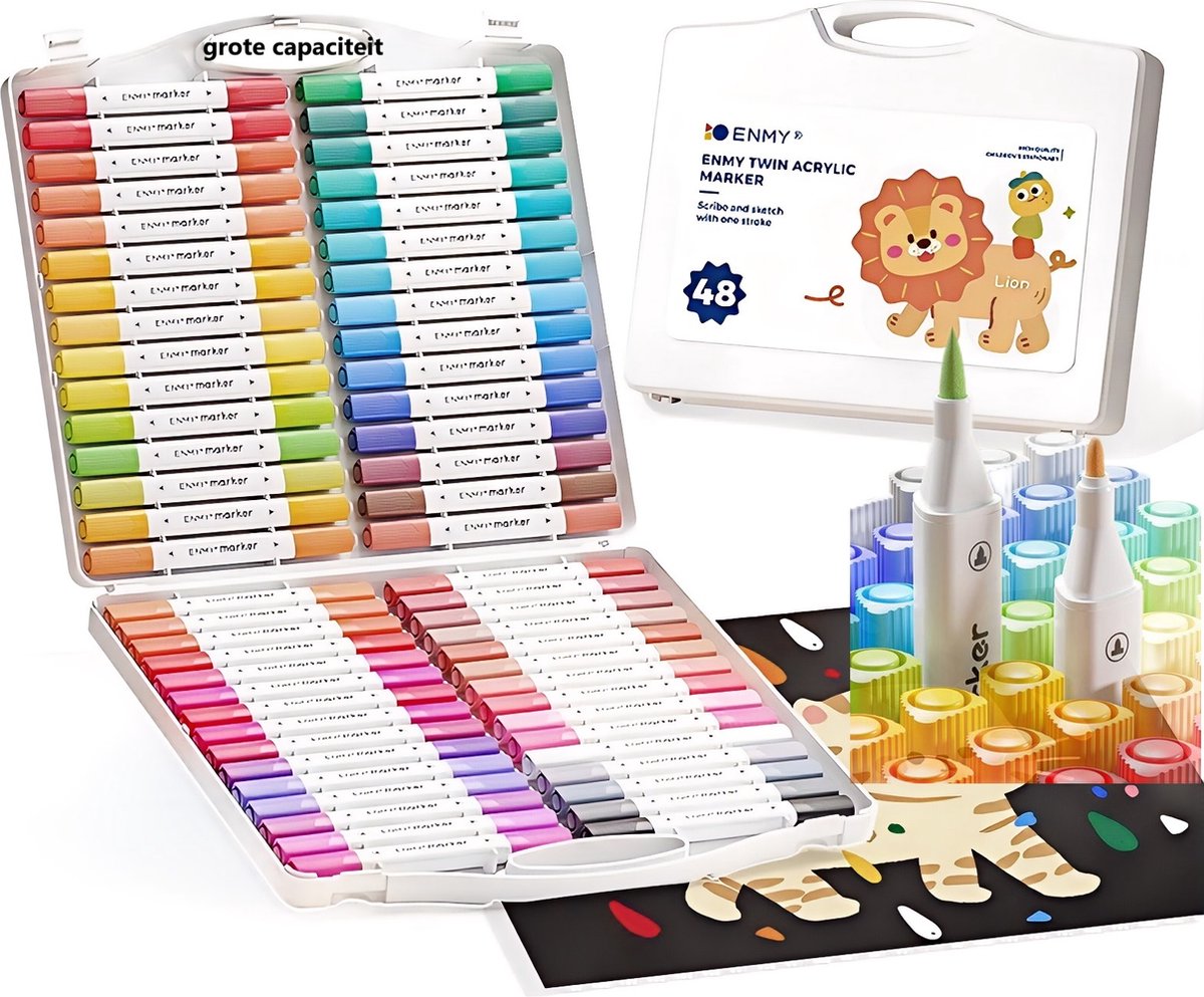 48 Acryl Marker Verfstiften(48 stuks grote capaciteit) - 48 Kleuren met doos- Dual tip-met dubbele penpunt- Acrylverf Tekenset- Acrylstiften- Acrylic Verf Markers Met Fijne Tip Ronde Tip -Voor Schilderen Canvas Glas Keramiek Decoreren