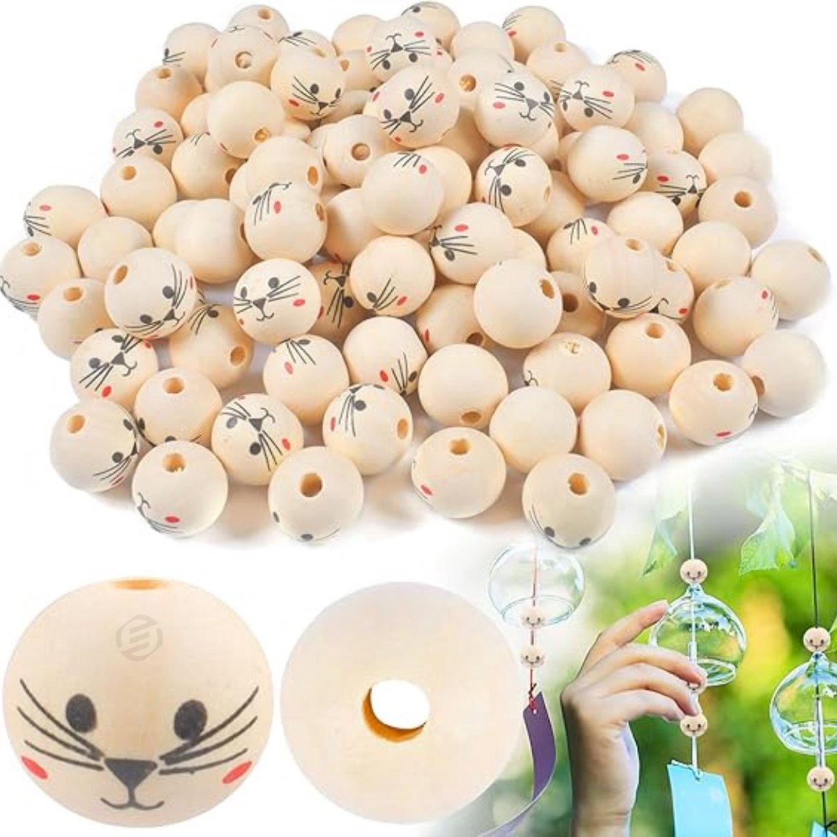   houten kralen met gezichtje - 100 stuks Gezicht Houten Kralen - 20mm Houten Kralen met Gat - Lotus Houten Kralen - Natuurlijke Ronde Houten Kralen voor DIY Decoraties, Sieraden, Knutselwerk en Decoratieve Accessoires