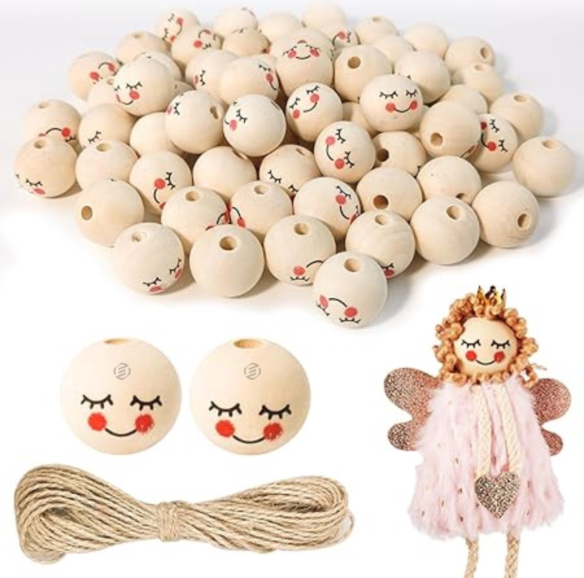 Equivera houten kralen met gezichtje - 100 stuks Houten Kralen met Gezicht - 20mm, 4 Stijlen Houten Kralen met Gezicht - Ronde Houten Hoofden voor Zorgwormen - Natuurlijke Houten Kralen met Gat voor DIY Sieraden
