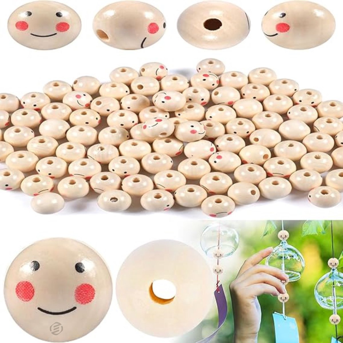   houten kralen met gezichtje - 100 stuks Houten Kralen met Gezicht - 20mm Houten Kralen met Gat - Lotus Houten Kralen - Natuurlijke Ronde Houten Kralen voor DIY Decoraties, Sieraden, Knutselen en Decoratieve Accessoires