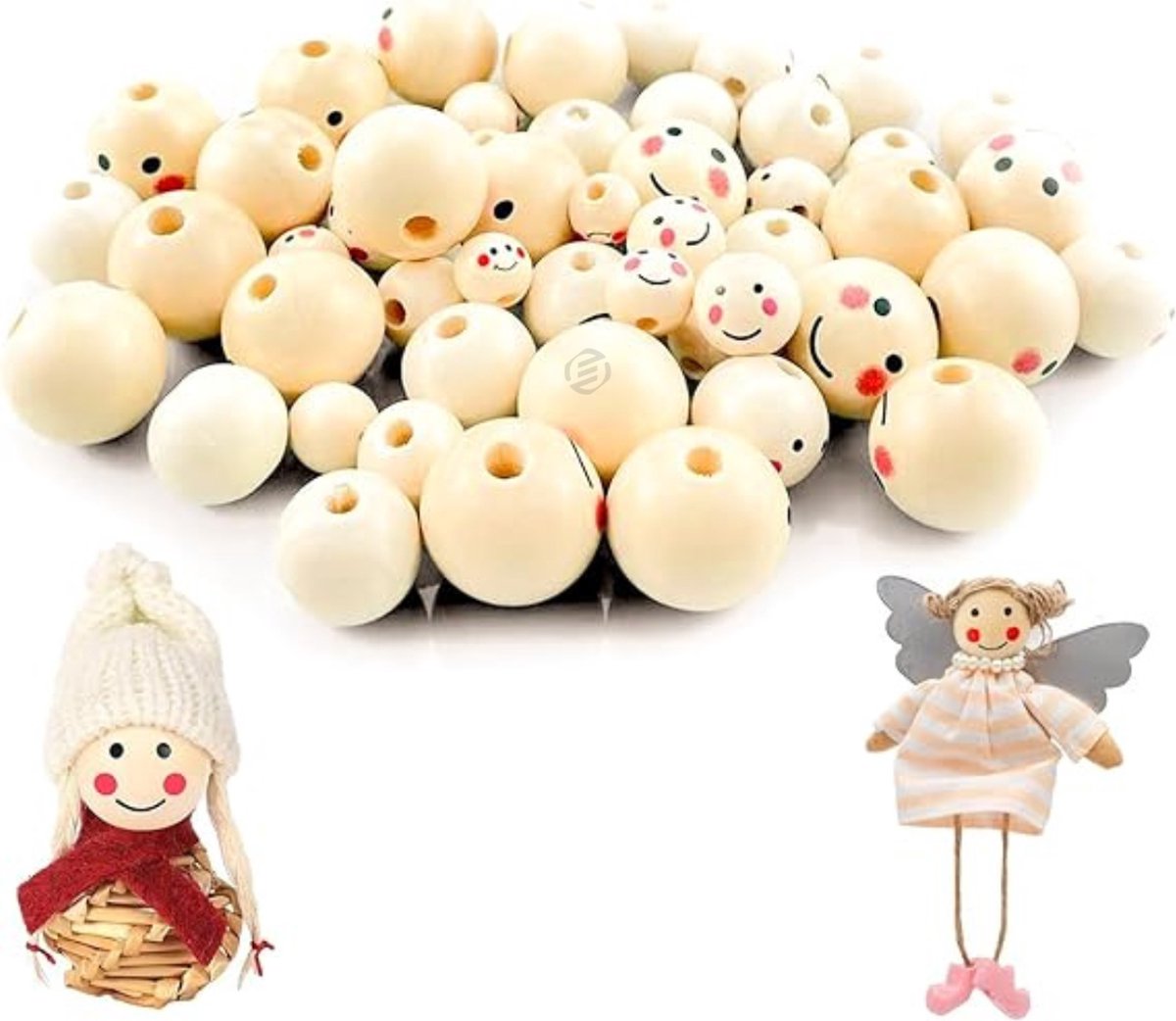  houten kralen met gezichtje - 100 stuks Houten Kralen met Gezicht - Houten Kralen met Gat voor Kinder Sieraden Maken - Accessoires (25mm, 20mm, 16mm, 14mm, 12mm)