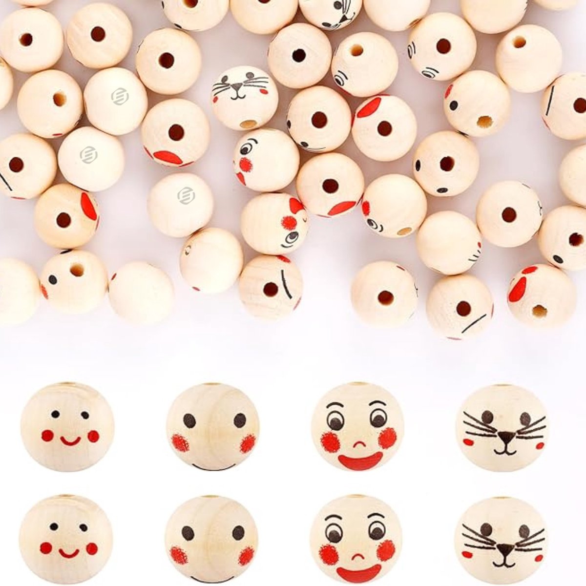 Equivera houten kralen met gezichtje - 100 stuks houten kralen met gezicht - 20mm creatieve natuurlijke ronde kralen met gat voor het maken van DIY armbanden, kettingen en knutselprojecten