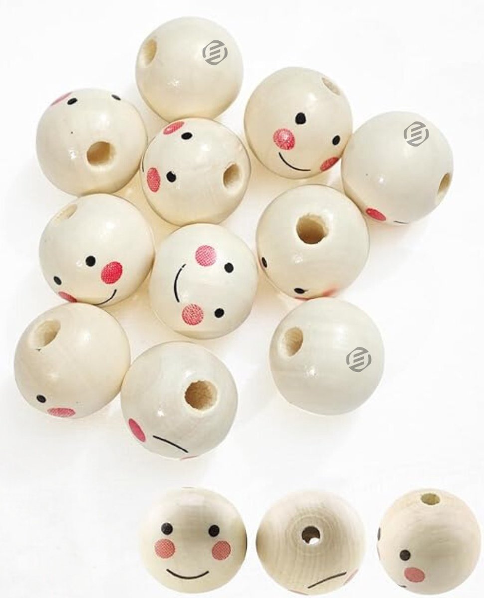 Equivera houten kralen met gezichtje - 150-delige houten kralen set - ronde 20 mm basting houten kralen met gaten - ongebleekte houten kralen voor ambachten - geschikt voor school, huishouden en diverse levenssituaties