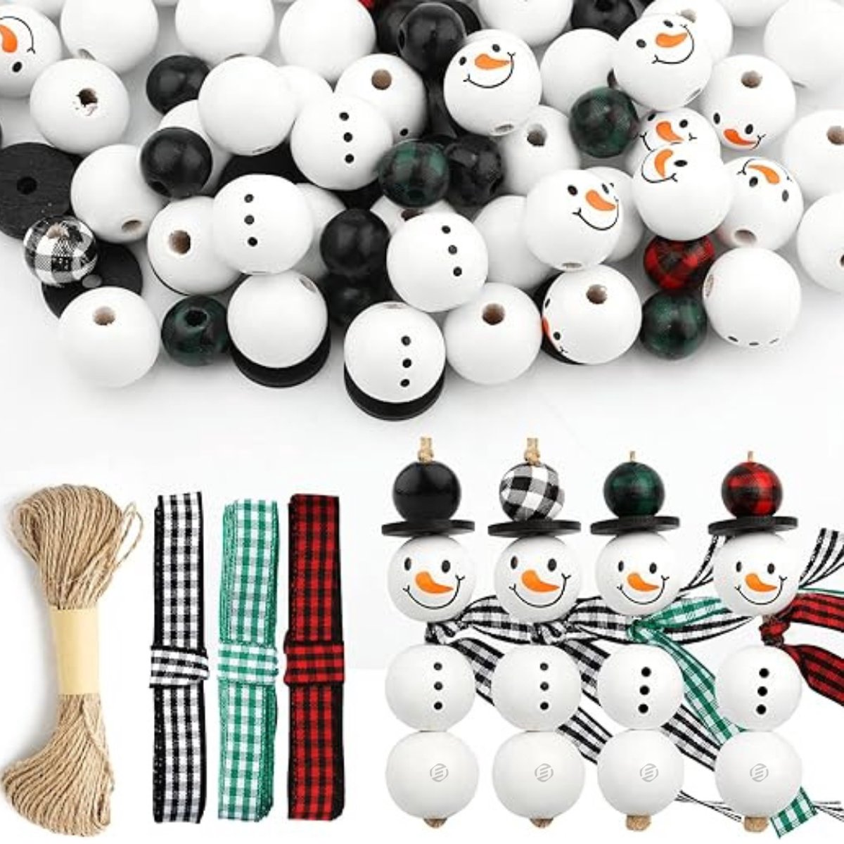   houten kralen met gezichtje - 150 stuks sneeuwpop houten kralen - Kerst houten kralen - Buffalo geruite kralen voor knutselen - Geruit lint met henneptouw voor DIY decoratie