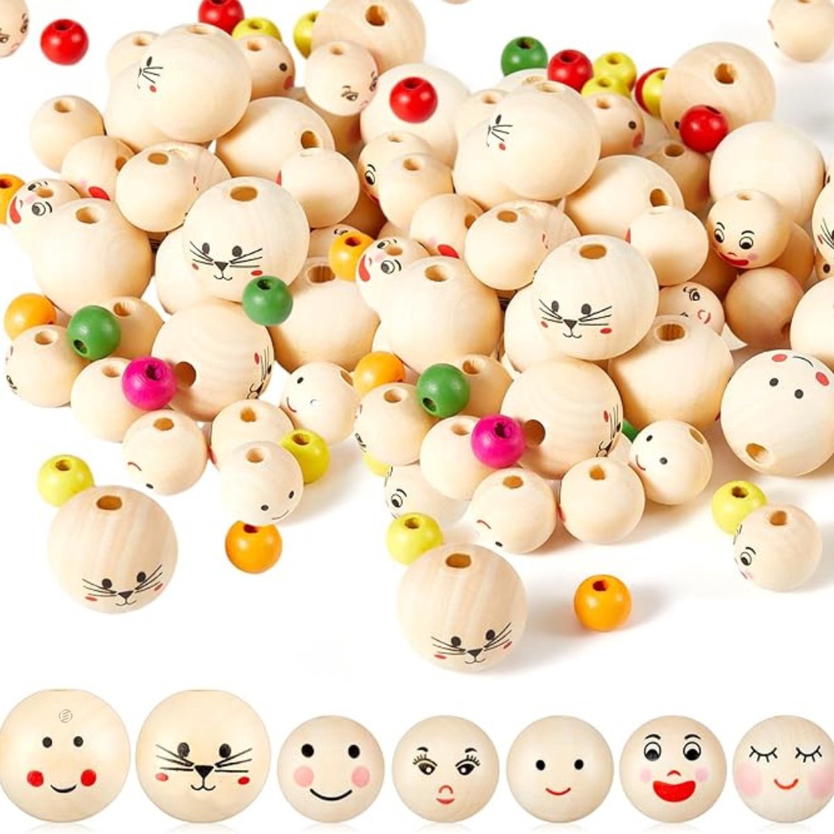 Equivera houten kralen met gezichtje - 170-delige houten kralenset - Bevat 70 ronde houten kralen met gezicht (30mm, 20mm) en 100 kleurrijke 12mm kralen - Wormkoppen met binddraad - Gelukswormen voor DIY