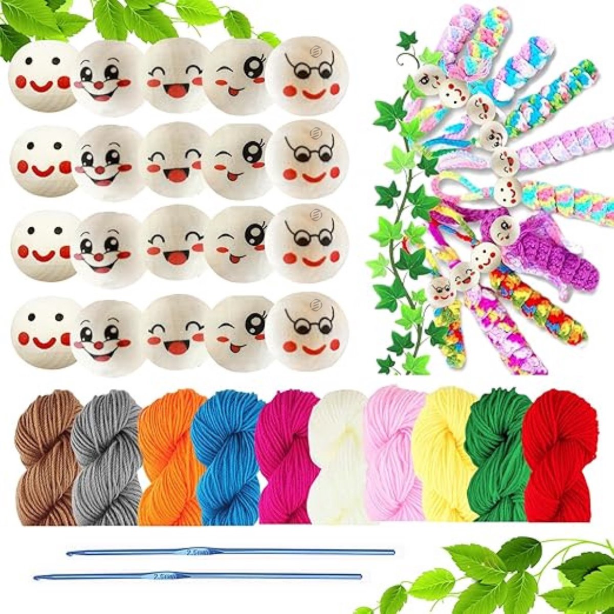   houten kralen met gezichtje - 30 mm houten kralen met gezicht - set van 20 stuks, inclusief 10 gekleurde haakdraden en 2 haaknaalden voor DIY handgemaakte decoraties en knutselprojecten