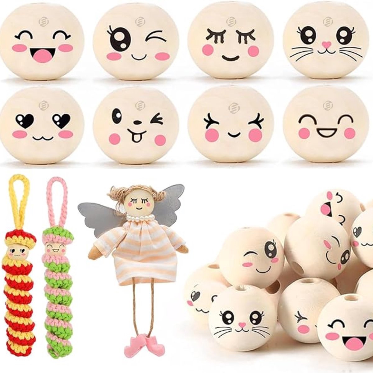   houten kralen met gezichtje - 80 stuks houten kralen met gezicht - 20 mm, 8 stijlen, natuurlijke houten kralen, schattige houten kopjes met gezicht - accessoires voor DIY-projecten