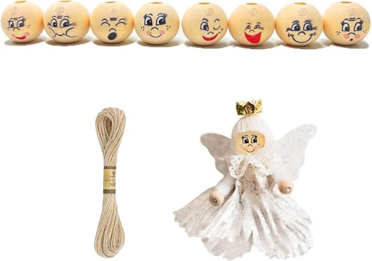   houten kralen met gezichtje - Houten kralen met gezicht - 80 stuks van 20 mm, natuurlijke ronde houten kralen met gezicht, inclusief 10 meter touw. Ideaal voor handgemaakte decoraties en knutselprojecten