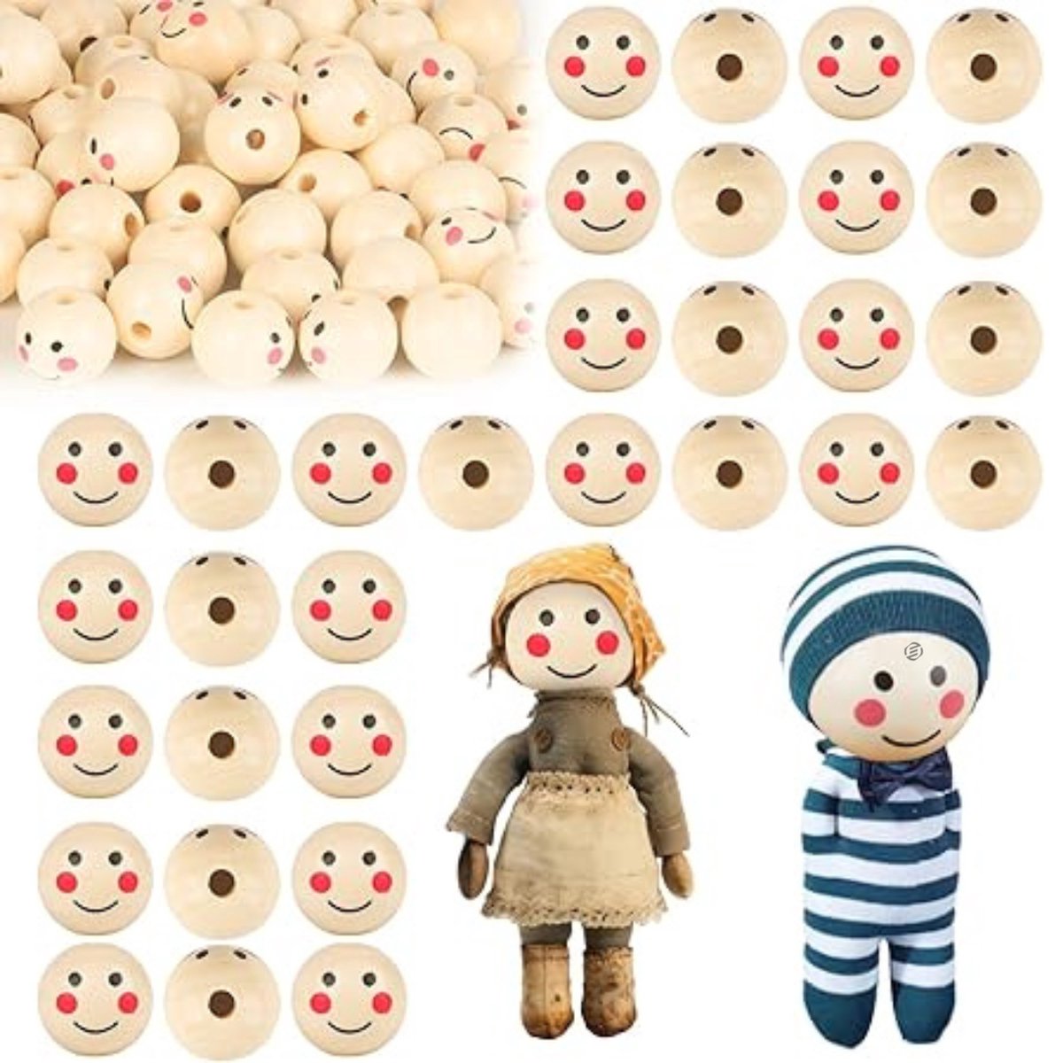   houten kralen met gezichtje - Smiling Wooden Beads, 70 Pieces 20mm Natural Wooden Bead with Hole, Smile Wooden Beads, Wooden Beads with Face, Round Wooden Beads with Angel Face for DIY Bracelets, Jewelry, Crafts