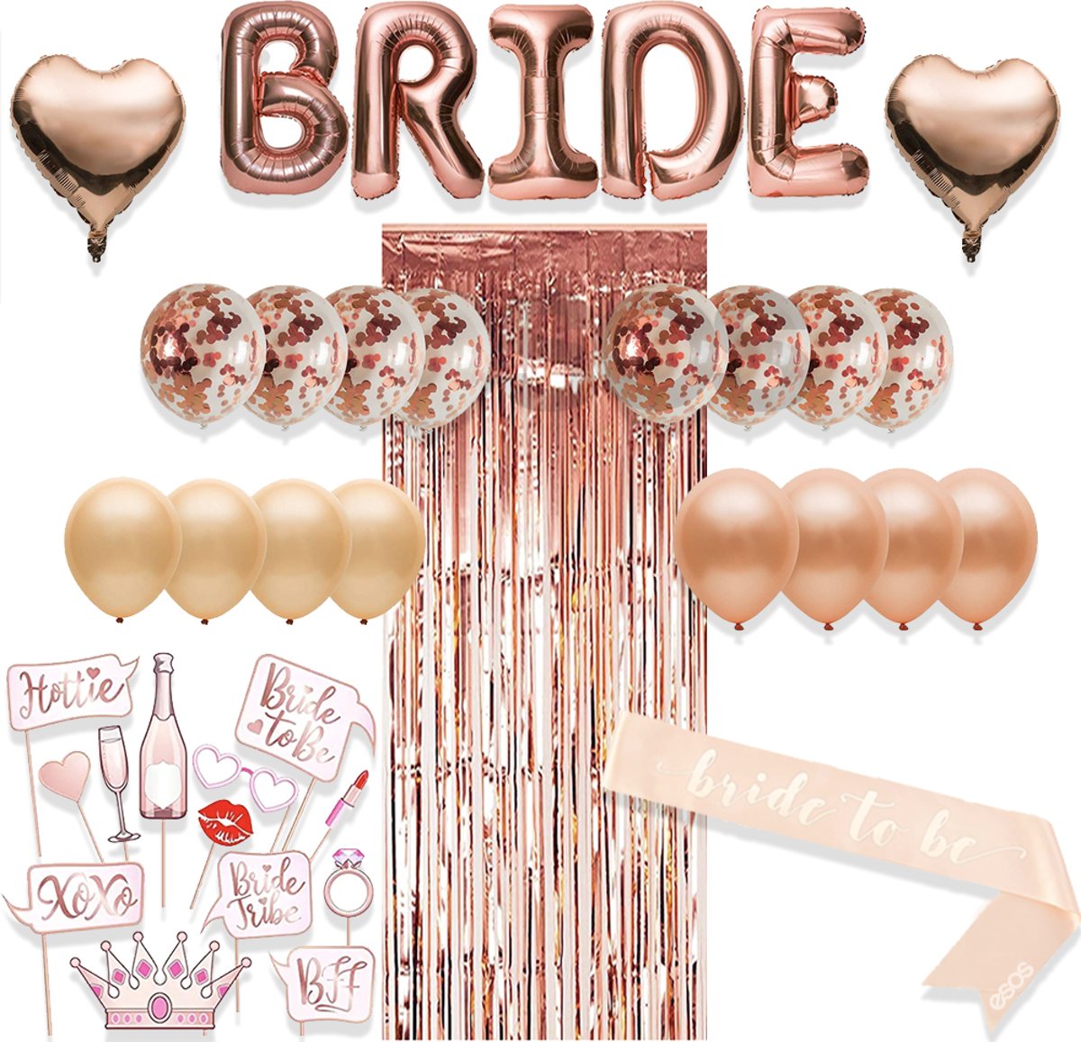 Vrijgezellenfeest vrouwen artikelen ALL-IN decoratie voor een knalfeest incl gouden gordijn, sluier, sjerp en veel meer vrijgezellenfeest vrouwen accessoires - RoseGoud